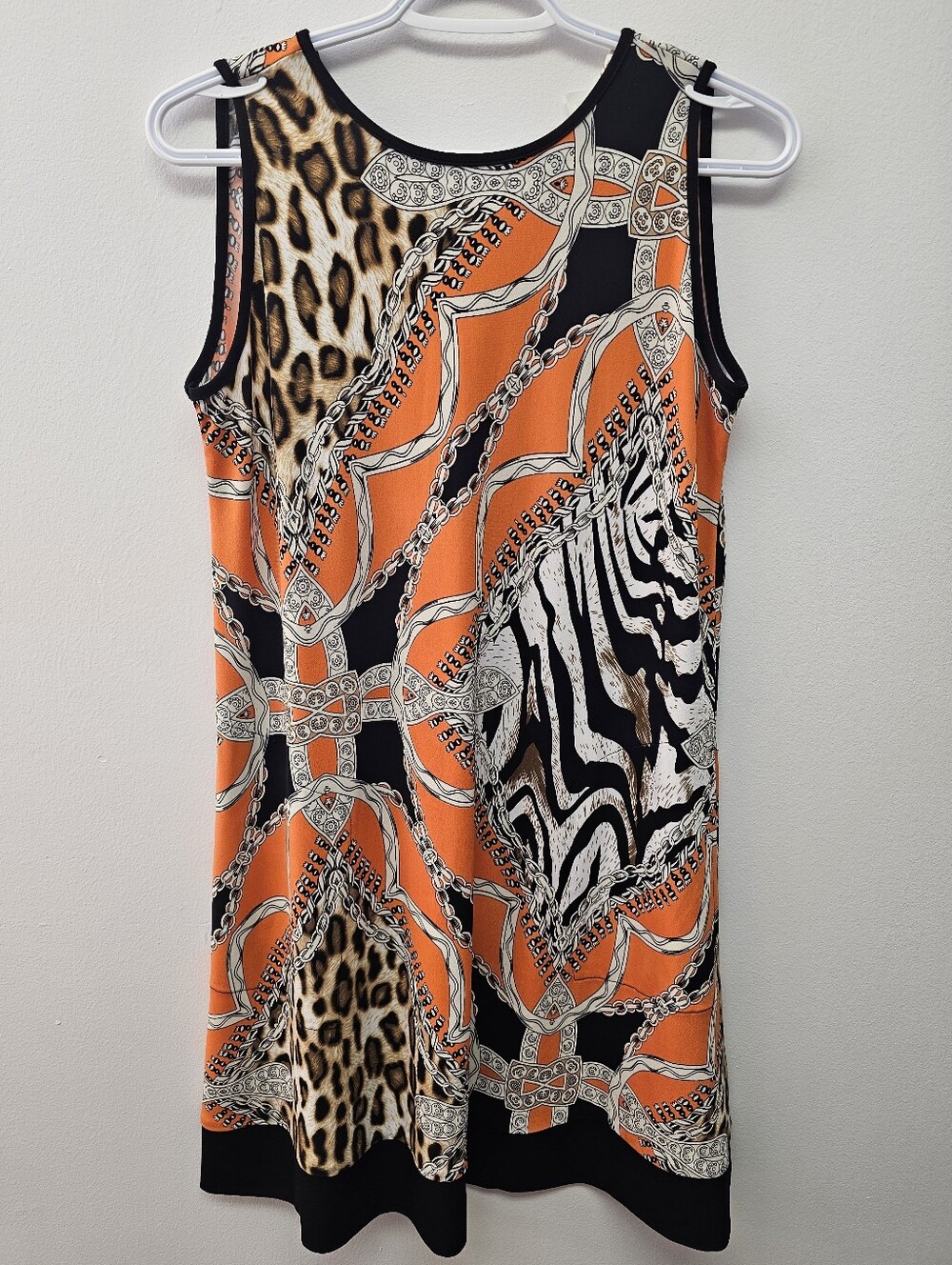 Sleeveless Orange Animal-Print Mini Dress with Chain Motif